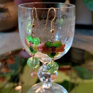 Enameled Heart w Dragonfly Czech Glass Goldtone Fishhooks My Original Design